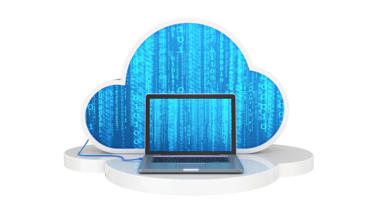 Digital rendering of a laptop computer with a cloud behind and around the monitor