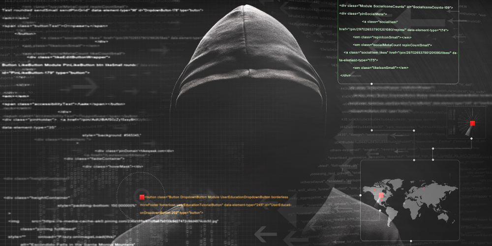 Digitalized hacker overlaid with computer text
