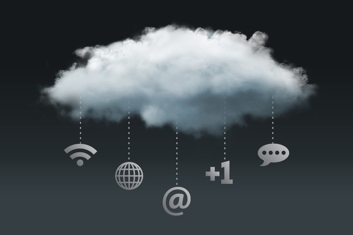 Cloud with WiFi, globe, email, friend, and chat icons. Full-feature communications concept.
