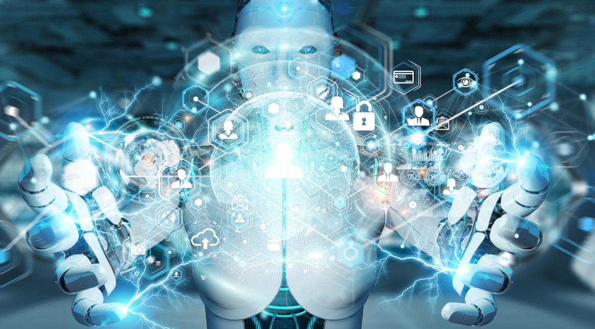Robot holding digital network icons