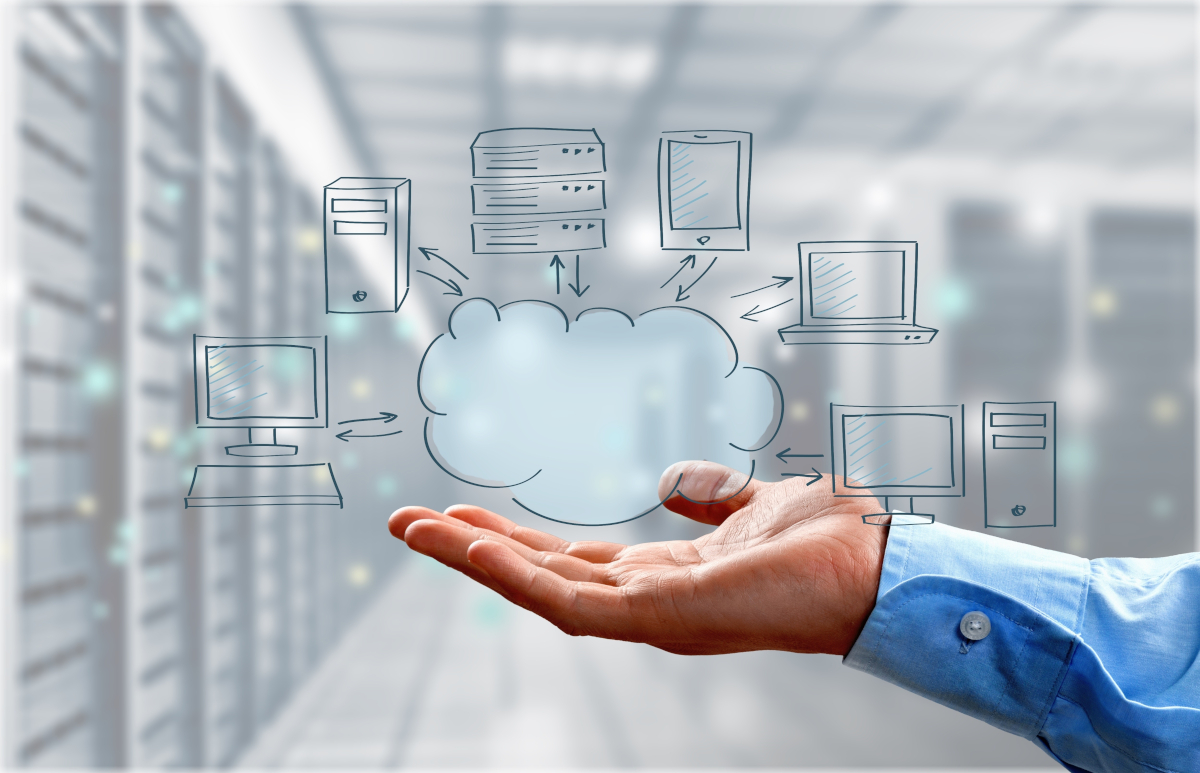 A hand outstretched with a drawing of a cloud hovering over the palm, with multiple devices connected to the cloud, over a backdrop of a server room symbolizing SIP Trunking.