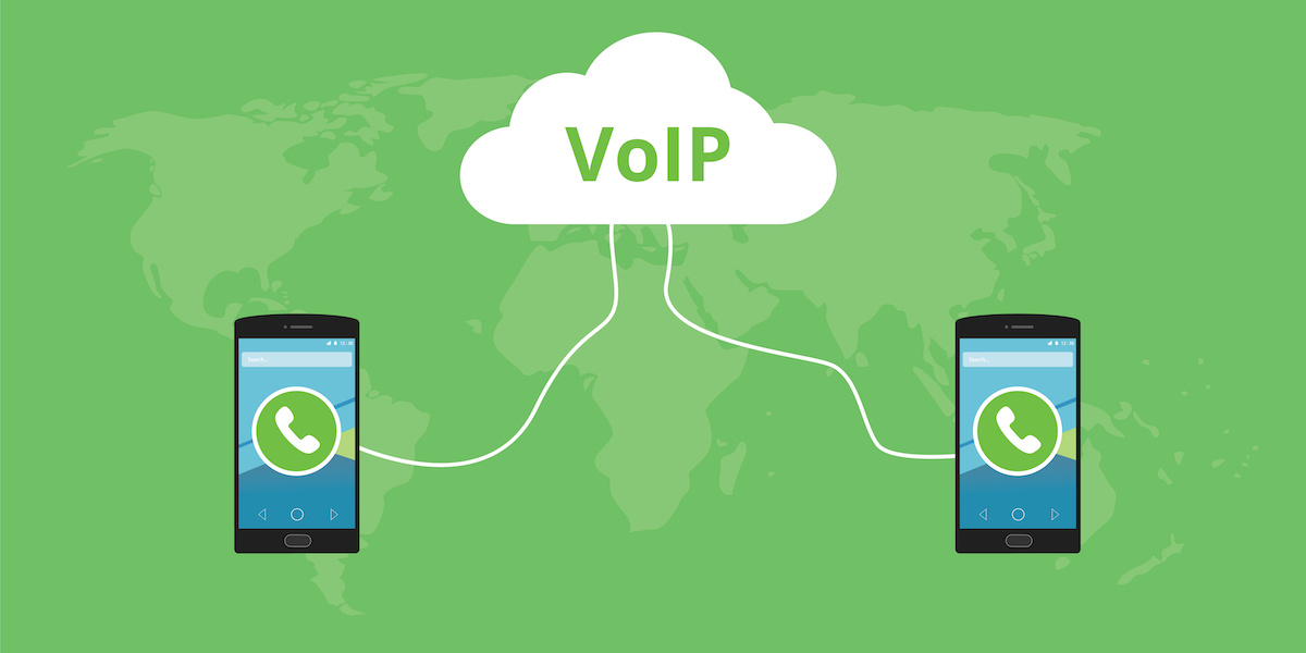 Two phones on a green background connected by a cloud that says VoIP