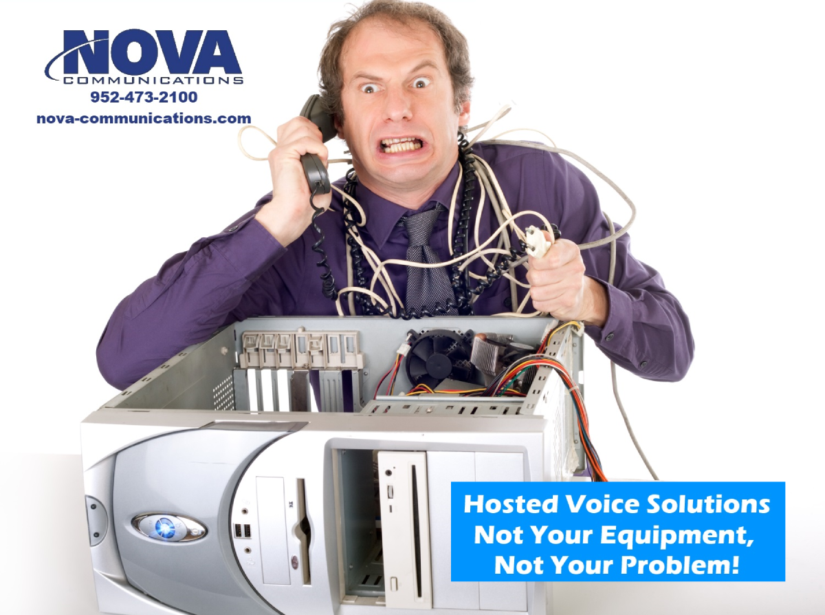'Hosted Voice Solutions. Not Your Equipment, Not Your Problem!' Frustrated Businessman Tangled in Voice and Data Cables