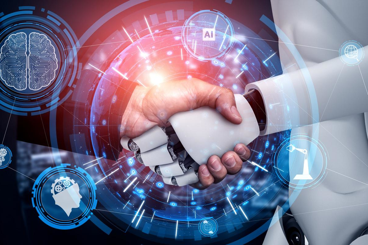 Human hand and robotic hand shaking, surrounded by AI technology icons.