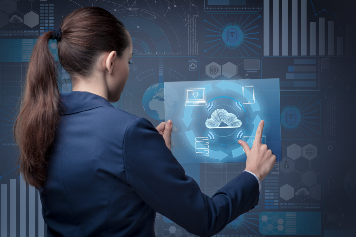 Woman and cloud computing concept.